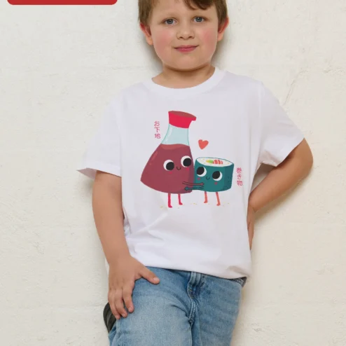 Osaji Maki Sushi Soy Sauce Kawaii Kids Tee Japanese Food Art Graphic T-Shirt on a hanger, ready to ship from Chicago, Illinois
