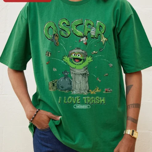 Oscar I Love Trash Tee Oscar the Grouch Graphic T-Shirt Sesame Street Fan Gift on a hanger, ready to ship from Chicago, Illinois