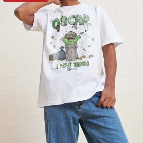 Close-up of Oscar I Love Trash Tee Oscar the Grouch Graphic T-Shirt Sesame Street Fan Gift for streetwear fans in Chicago, Illinois