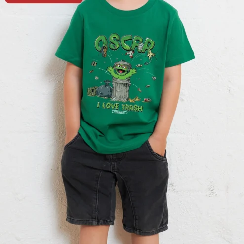 Oscar I Love Trash Tee Oscar The Grouch Sesame Street Vintage Cartoon Graphic T-Shirt on a hanger, ready to ship from Chicago, Illinois