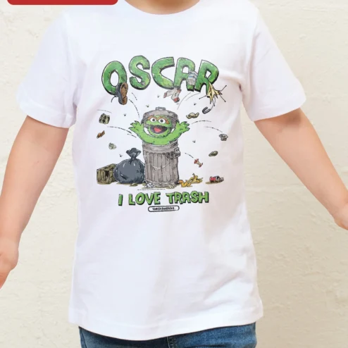 Close-up of Oscar I Love Trash Tee Oscar The Grouch Sesame Street Vintage Cartoon Graphic T-Shirt for streetwear fans in Chicago, Illinois