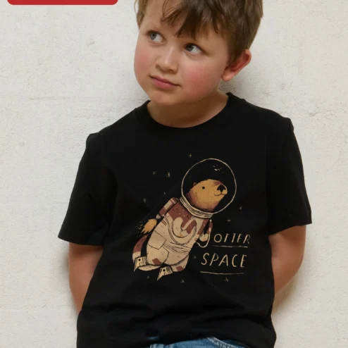 Otter Space Tee Cute Astronaut Otter Graphic Shirt for Kids and Men on a hanger, ready to ship from Chicago, Illinois