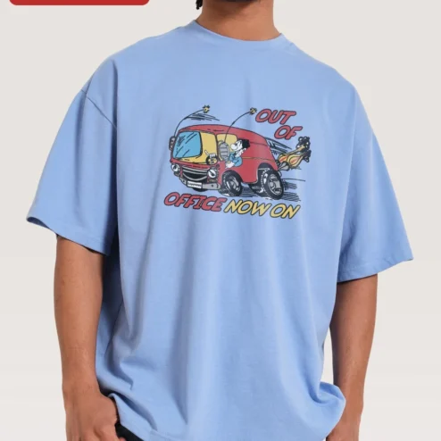 Out Of Office Now On Fred Flintstone Tee Retro Cartoon Graphic Shirt on a hanger, ready to ship from Chicago, Illinois