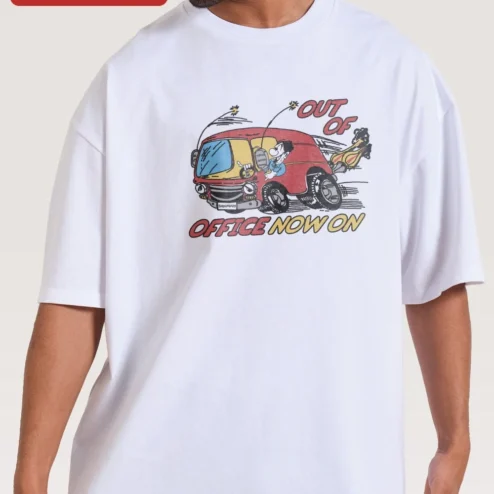 Customer in Chicago, Illinois wearing Out Of Office Now On Fred Flintstone Tee Retro Cartoon Graphic Shirt