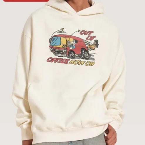 Out Of Office Now On Hoodie Retro Van Camping Humor Graphic Sweatshirt on a hanger, ready to ship from Chicago, Illinois
