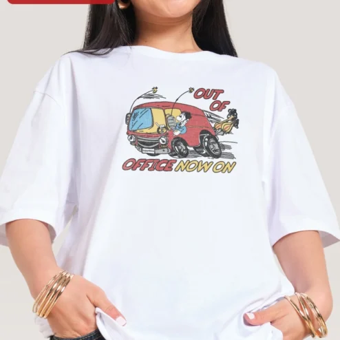 Out of Office Now On Retro Cartoon Van Graphic Tee Funny Remote Work Digital Nomad Shirt on a hanger, ready to ship from Chicago, Illinois