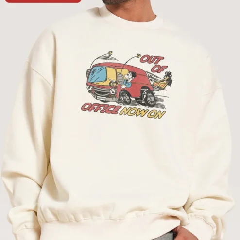 Out of Office Now Retro Van Cartoon Sweatshirt Funny Remote Work Gift on a hanger, ready to ship from Chicago, Illinois