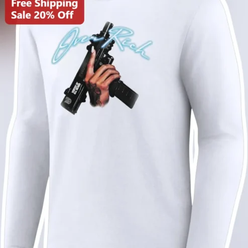 Over Rich Long Sleeve Tee Streetwear Gun Graphic Neon Blue Script Urban Fashion Shirt