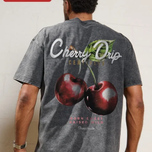 Oversized Black Tee Cherry Graphic Embroidered Style Minimalist Streetwear on a hanger, ready to ship from Chicago, Illinois