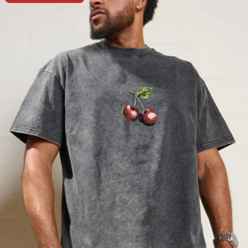 Customer in Chicago, Illinois wearing Oversized Black Tee Cherry Graphic Embroidered Style Minimalist Streetwear