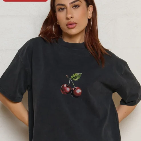 Oversized Black Tee Cherry Graphic Embroidered Style Minimalist Streetwear