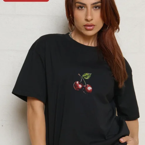 Oversized Cherry Graphic Tee Men Minimalist Streetwear Dark Grey Cotton T-Shirt on a hanger, ready to ship from Chicago, Illinois