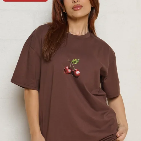 Customer in Chicago, Illinois wearing Oversized Cherry Graphic Tee Men Minimalist Streetwear Dark Grey Cotton T-Shirt