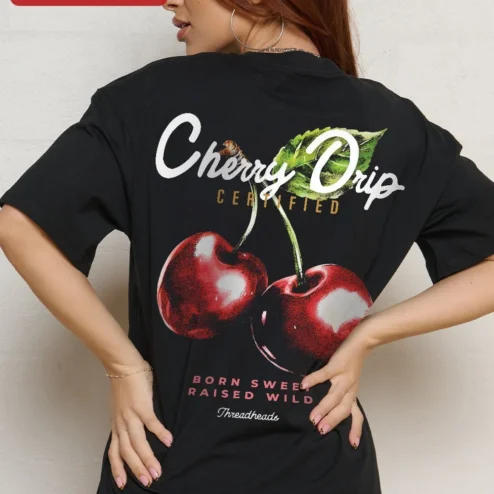 Close-up of Oversized Cherry Graphic Tee Men Minimalist Streetwear Dark Grey Cotton T-Shirt for streetwear fans in Chicago, Illinois