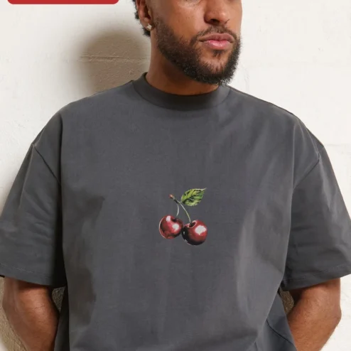 Oversized Cherry Graphic Tee Men Minimalist Streetwear Dark Grey Cotton T-Shirt