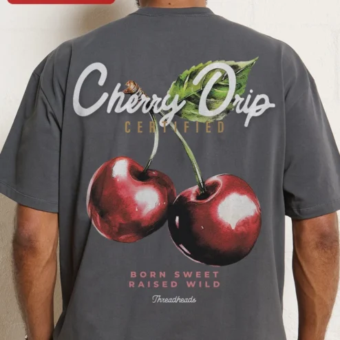 Close-up of Oversized Cherry Graphic Tee Men Minimalist Streetwear Dark Grey Cotton T-Shirt for streetwear fans in Chicago, Illinois