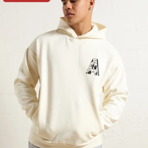 Customer in Chicago, Illinois wearing Oversized Cream Hoodie Personalized Monogram Vintage Face Collage Left Chest Graphic Women Streetwea