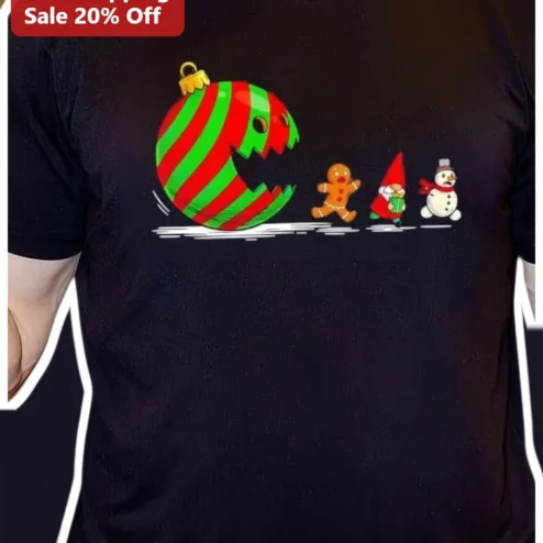 Pac-Man Style Christmas Ornament Monster Eating Holiday Characters Tee Funny Retro Arcade Gift