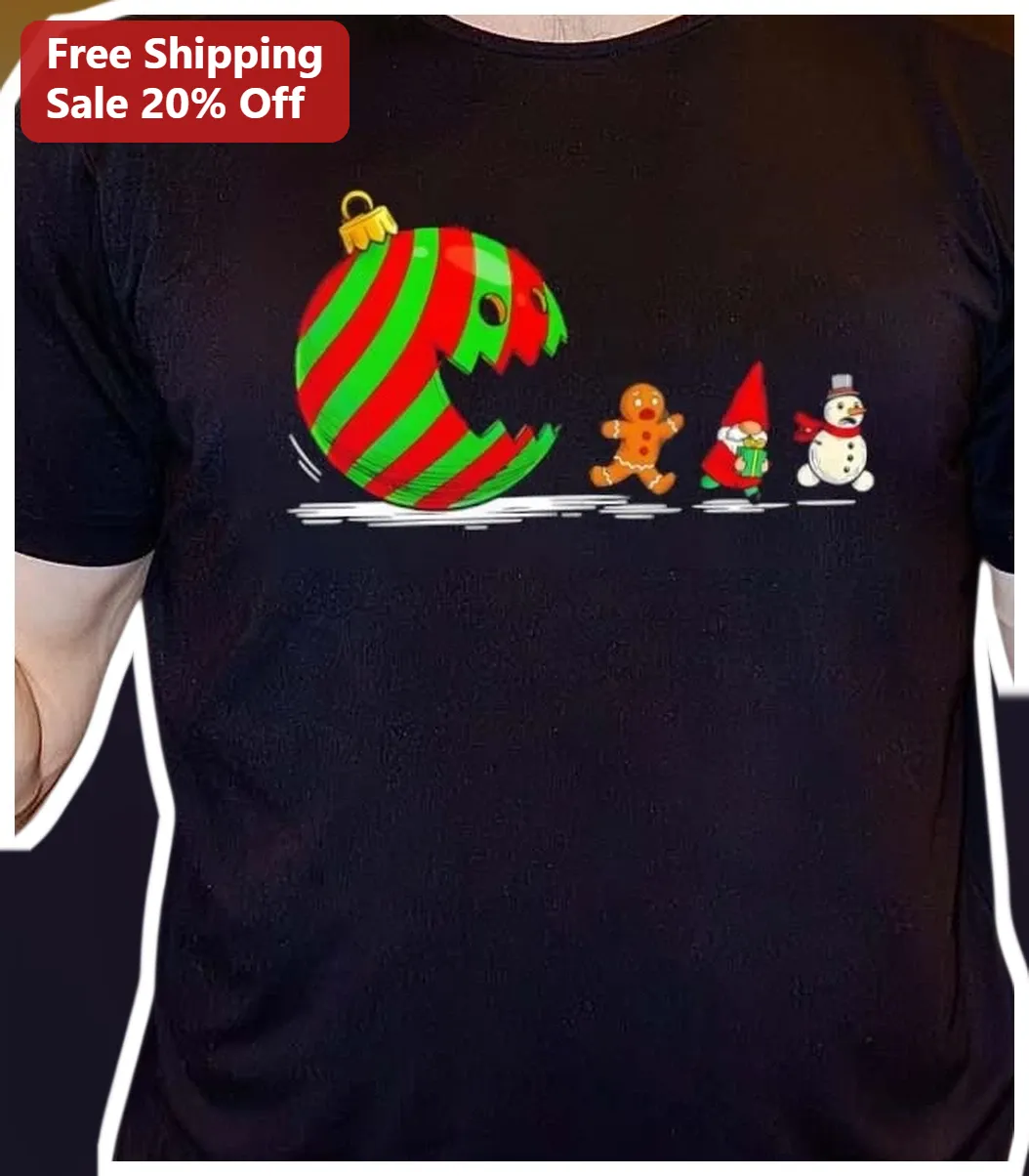 Pac-Man Style Christmas Ornament Monster Eating Holiday Characters Tee Funny Retro Arcade Gift
