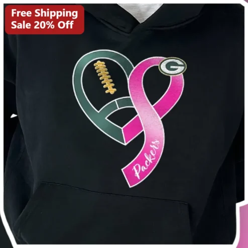 Packers Breast Cancer Awareness Hoodie Green Bay Pink Ribbon Heart Pullover