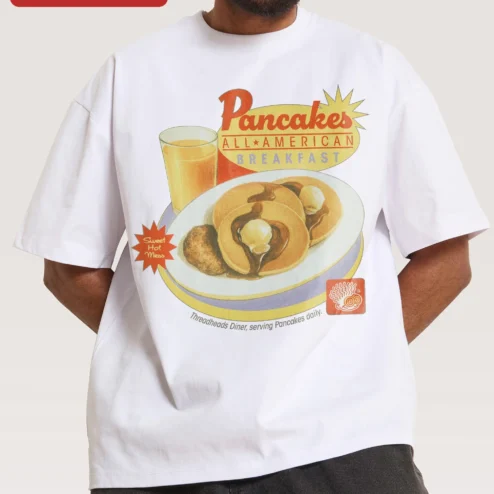 Pancakes All-American Breakfast Sweet Hot Mess Graphic Tee Retro Diner Style Funny Foodie Gift on a hanger, ready to ship from Chicago, Illinois