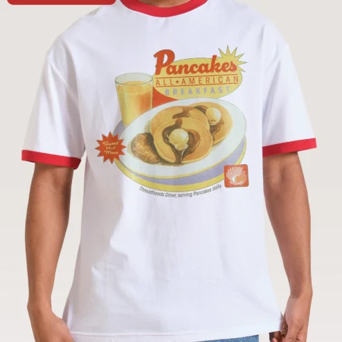 Pancakes ALL-AMERICAN BREAKFAST Sweet Hot Mess Tee Retro Diner Graphic Shirt for Foodies on a hanger, ready to ship from Chicago, Illinois