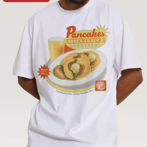 Customer in Chicago, Illinois wearing Pancakes ALL-AMERICAN BREAKFAST Sweet Hot Mess Tee Retro Diner Graphic Shirt for Foodies