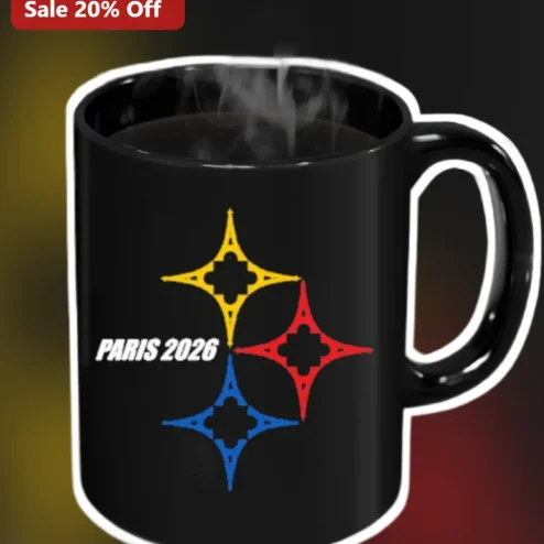 Paris 2026 Olympics Mug Black Ceramic Coffee Cup French Flag Stars Design Gift for Sports Fans Travelers