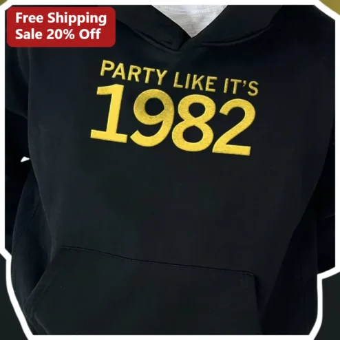 Party Like It's 1982 Hoodie 40th Birthday Gift for Men Women Retro 80s Nostalgia Black Pullover