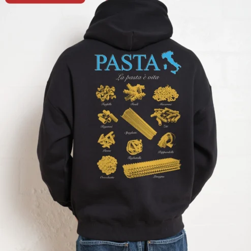Customer in Chicago, Illinois wearing PASTA La pasta vita Hoodie Italian Food Lover Gift Pasta Is Life Apparel