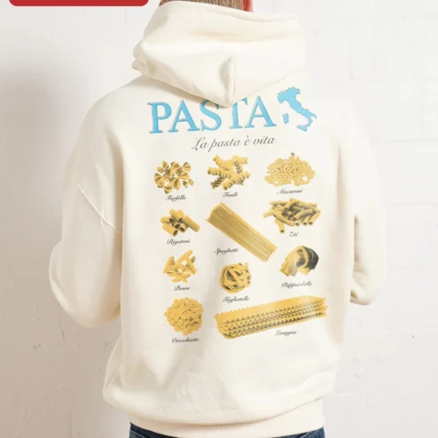 Close-up of PASTA La pasta vita Hoodie Italian Food Lover Gift Pasta Is Life Apparel for streetwear fans in Chicago, Illinois
