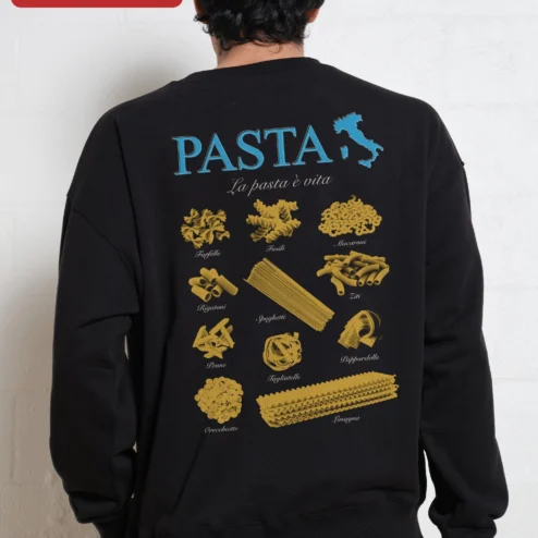 Customer in Chicago, Illinois wearing PASTA La pasta vita Sweatshirt Italian Food Lover Gift Graphic Crewneck for Men Women