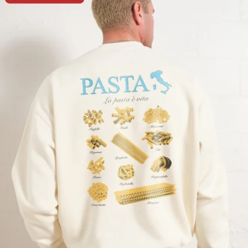 Close-up of PASTA La pasta vita Sweatshirt Italian Food Lover Gift Graphic Crewneck for Men Women for streetwear fans in Chicago, Illinois