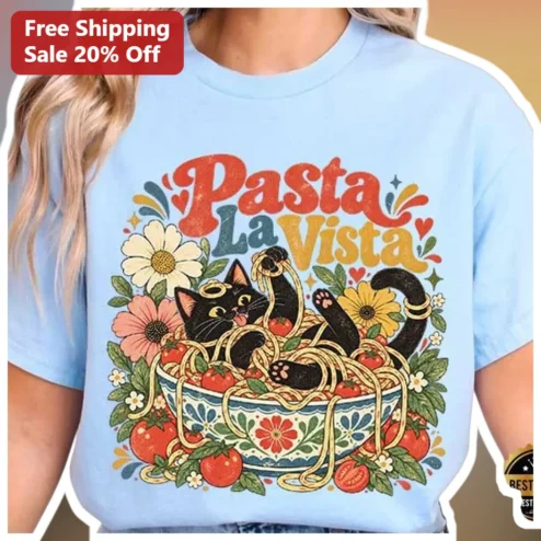 Pasta La Vista Tee Retro Cat Spaghetti Graphic Unisex Cotton Shirt for Foodies