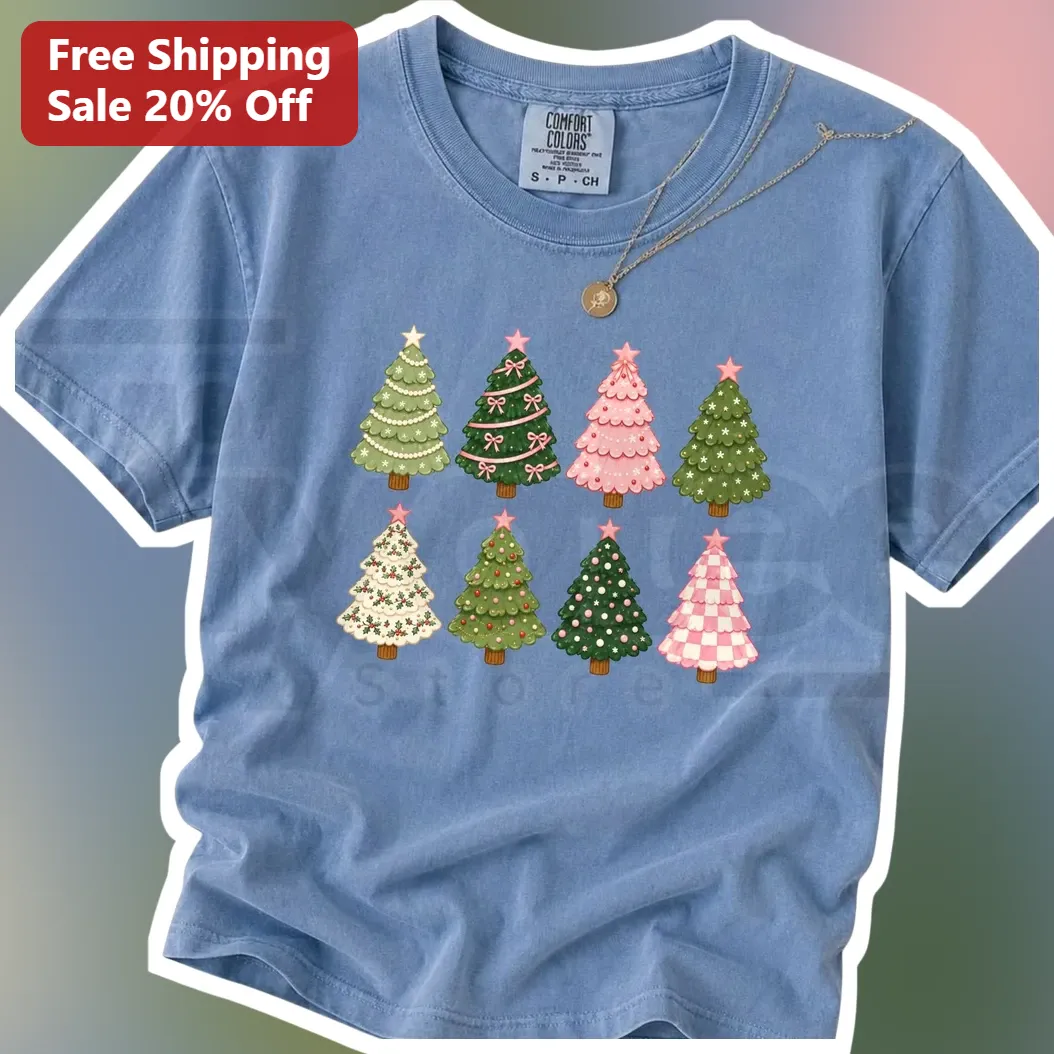 Pastel Christmas Tree Graphic Tee Cute Preppy Holiday Shirt for Women Girls