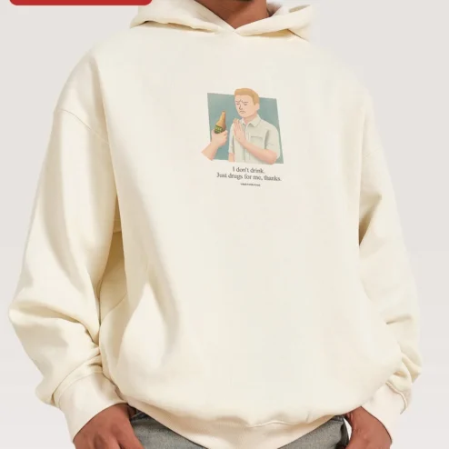 Patrick Bateman I Don't Drink Just Drugs For Me Thanks Graphic Hoodie American Psycho Streetwear Gif on a hanger, ready to ship from Chicago, Illinois