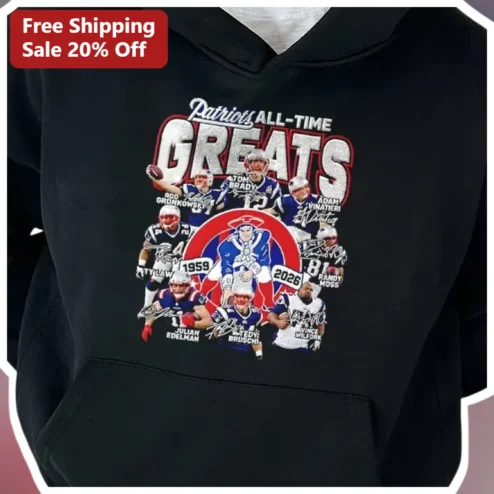 Patriots All-Time Greats Hoodie New England NFL Football Tom Brady Vintage Collage Black Pullover