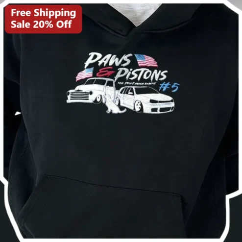PAWS PISTONS Hoodie Vintage Truck Dog Graphic Unisex Pullover for Pet Lovers and Car Enthusiasts