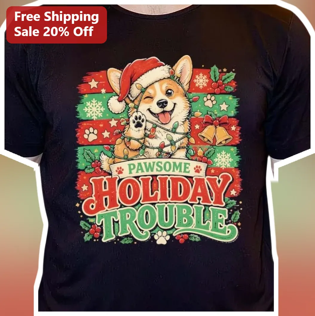 Pawsome Holiday Trouble Corgi Christmas Tee Funny Dog Lover Gift