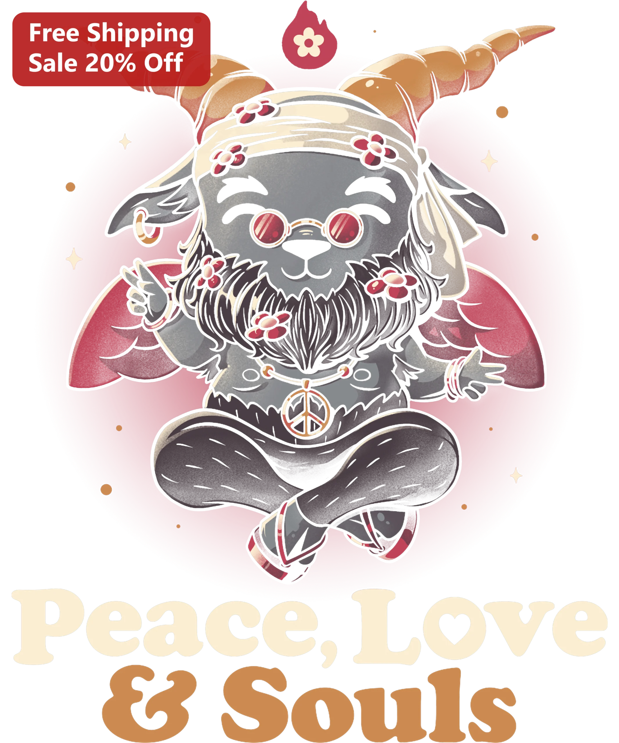 Peace, Love Souls Goat Meditation Graphic Tee Retro Boho Hippie Yoga Gift