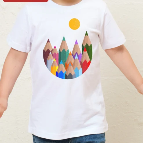 Customer in Chicago, Illinois wearing Pencil Mountain Art Teacher Tee Gift for Educators