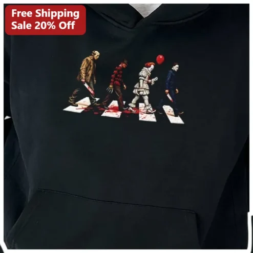 Pennywise IT Horror Movie Character Hoodie Slasher Villains Abbey Road Parody Black Pullover available at our Chicago, Illinois warehouse