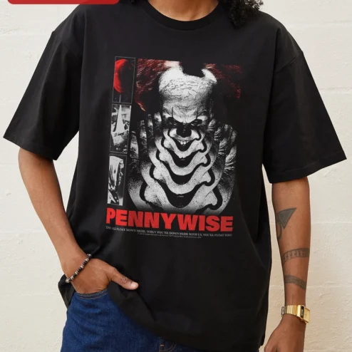 Pennywise They All Float Down Here Tee IT Movie Horror Clown Quote Shirt Halloween Gift for Men Women