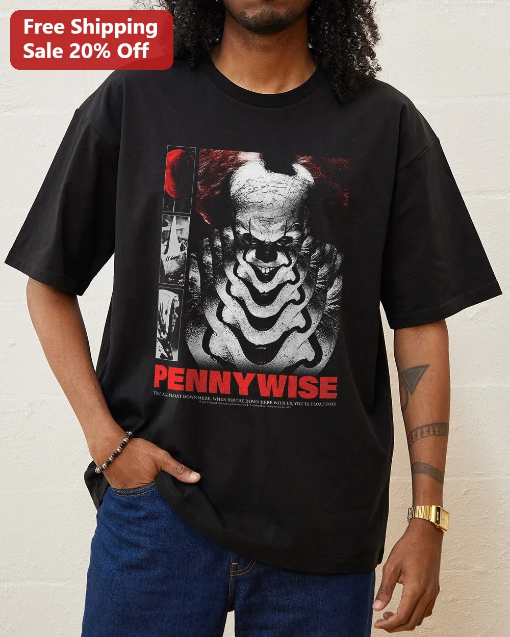 Pennywise They All Float Down Here Tee IT Movie Horror Clown Quote Shirt Halloween Gift for Men Women