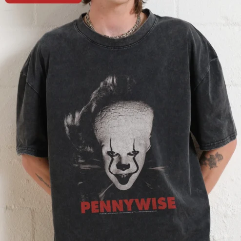 Pennywise Vintage Horror IT Movie Face Print Acid Wash Tee for Men Women Halloween Costume
