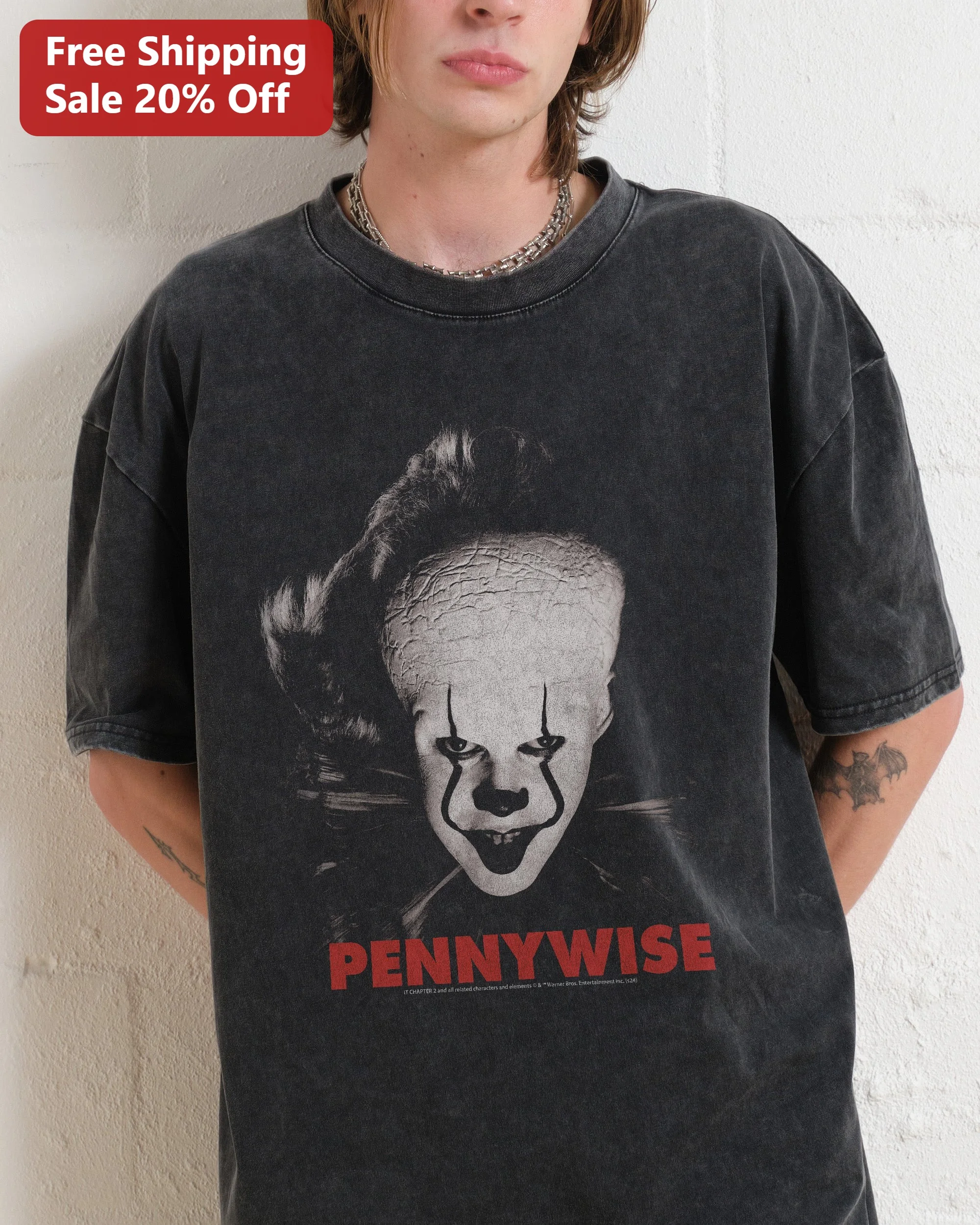 Pennywise Vintage Horror IT Movie Face Print Acid Wash Tee for Men Women Halloween Costume