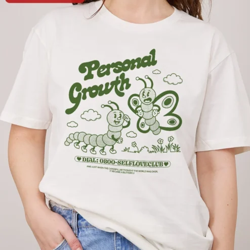 Personal Growth Caterpillar Butterfly Quote Tee Self Love Club Inspirational Shirt on a hanger, ready to ship from Chicago, Illinois