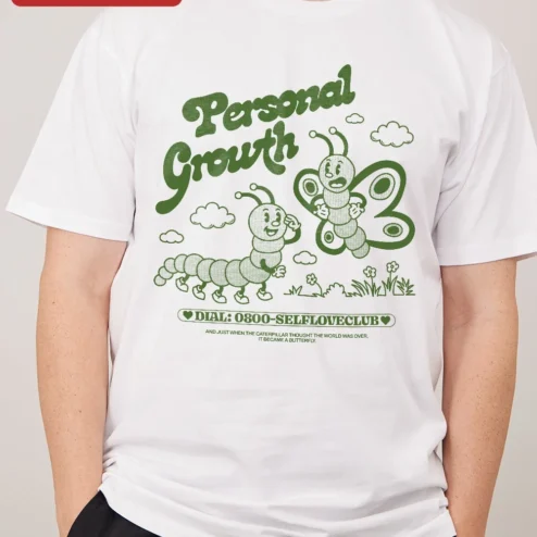 Customer in Chicago, Illinois wearing Personal Growth Caterpillar Butterfly Quote Tee Self Love Club Inspirational Shirt
