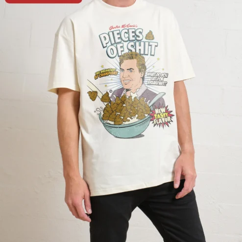 Pieces of Shit Donald Trump Cereal Parody Graphic Tee Funny Political Satire Shirt for Men Women on a hanger, ready to ship from Chicago, Illinois