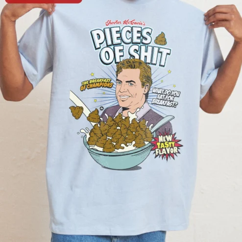Customer in Chicago, Illinois wearing Pieces of Shit Donald Trump Cereal Parody Graphic Tee Funny Political Satire Shirt for Men Women